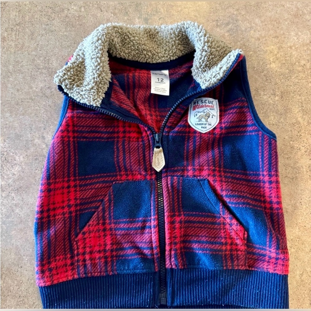 Carters- Red and Blue Plaid Fleece Vest, Size 12M